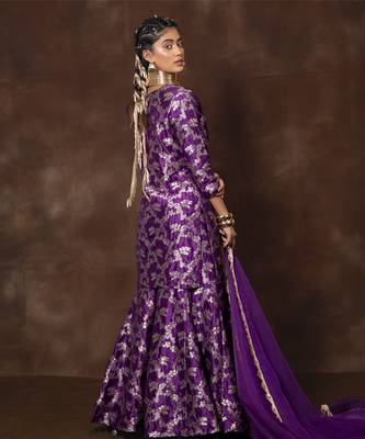 Purple banarsi silk sharara set with organza duppatta 5