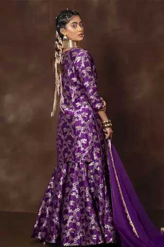 Purple banarsi silk sharara set with organza duppatta