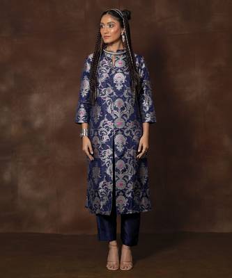 Blue banarsi brocade silk kurta set 1