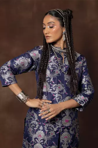 Blue banarsi brocade silk kurta set