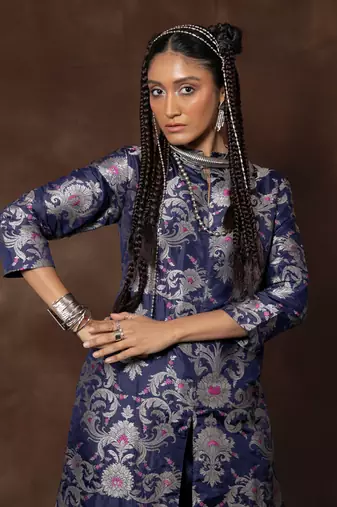 Blue banarsi brocade silk kurta set