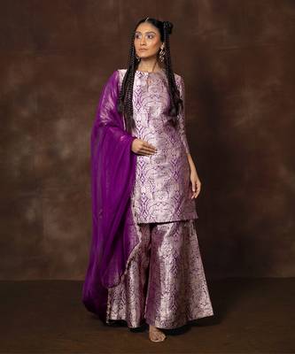 Purple banarsi silk sharara set with organza duppatta 1