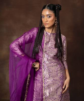 Purple banarsi silk sharara set with organza duppatta 2