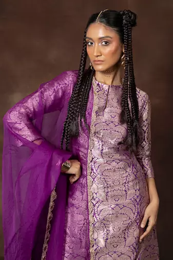 Purple banarsi silk sharara set with organza duppatta
