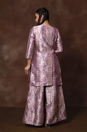 Purple banarsi silk sharara set with organza duppatta