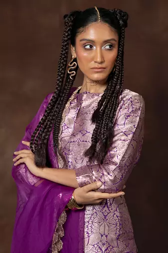 Purple banarsi silk sharara set with organza duppatta