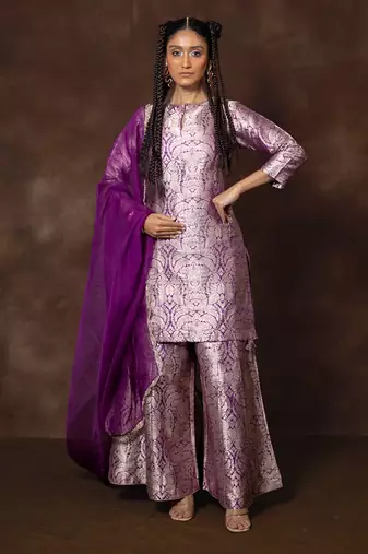Purple banarsi silk sharara set with organza duppatta