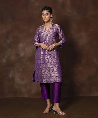 Purple banarsi brocade silk kurta set 1