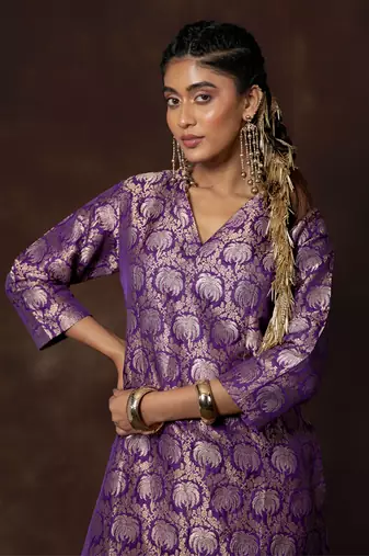 Purple banarsi brocade silk kurta set