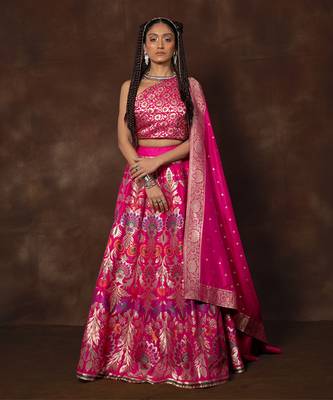Pink Hand Woven Banarsi Silk Lehenga With Duppatta And Unstitched Blouse 1