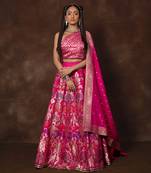 Pink Hand Woven Banarsi Silk Lehenga With Duppatta And Unstitched Blouse