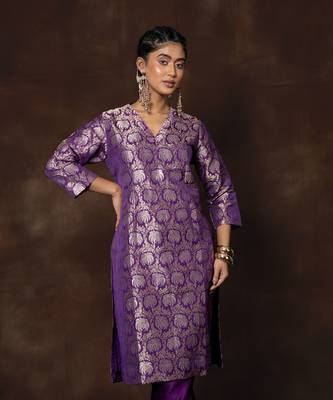 Purple banarsi brocade silk kurta set 3