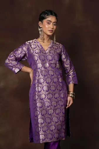 Purple banarsi brocade silk kurta set