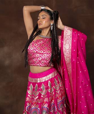 Pink Hand Woven Banarsi Silk Lehenga With Duppatta And Unstitched Blouse 2