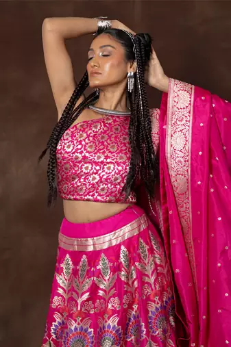 Pink Hand Woven Banarsi Silk Lehenga With Duppatta And Unstitched Blouse