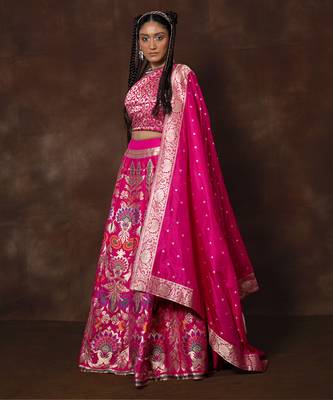 Pink Hand Woven Banarsi Silk Lehenga With Duppatta And Unstitched Blouse 3