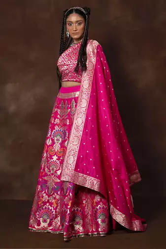 Pink Hand Woven Banarsi Silk Lehenga With Duppatta And Unstitched Blouse