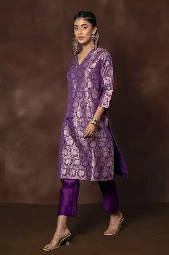 Purple banarsi brocade silk kurta set