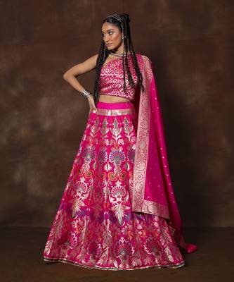 Pink Hand Woven Banarsi Silk Lehenga With Duppatta And Unstitched Blouse 4