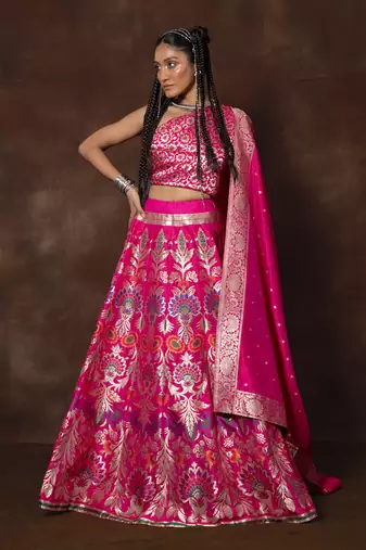 Pink Hand Woven Banarsi Silk Lehenga With Duppatta And Unstitched Blouse