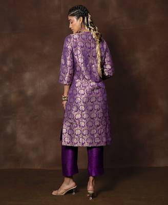 Purple banarsi brocade silk kurta set 5