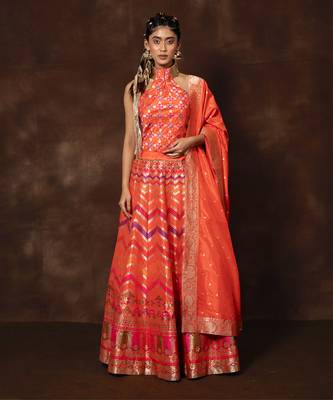 Orange Hand Woven Banarsi Silk Lehenga With Duppatta And Unstitched Blouse 1