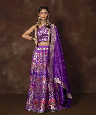 Purple Hand Woven Banarsi Silk Lehenga With Duppatta And Unstitched Blouse 1