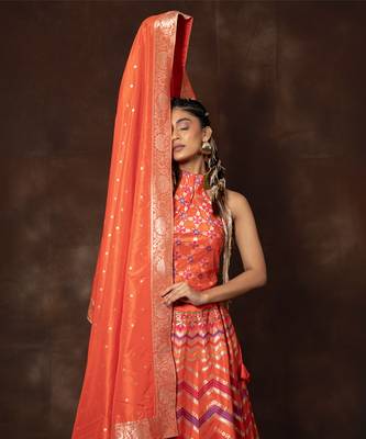 Orange Hand Woven Banarsi Silk Lehenga With Duppatta And Unstitched Blouse 2