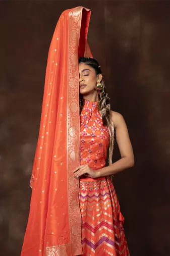 Orange Hand Woven Banarsi Silk Lehenga With Duppatta And Unstitched Blouse