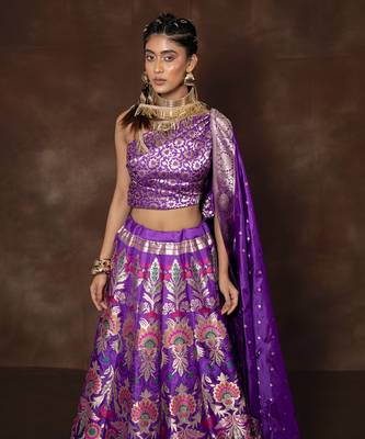 Purple Hand Woven Banarsi Silk Lehenga With Duppatta And Unstitched Blouse 2