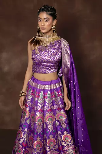Purple Hand Woven Banarsi Silk Lehenga With Duppatta And Unstitched Blouse