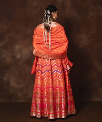 Orange Hand Woven Banarsi Silk Lehenga With Duppatta And Unstitched Blouse 3