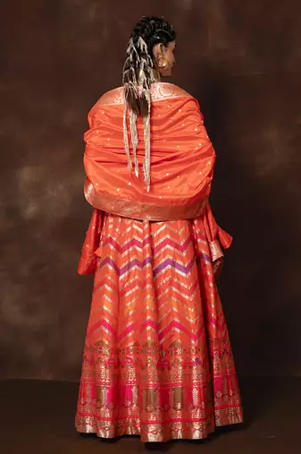 Orange Hand Woven Banarsi Silk Lehenga With Duppatta And Unstitched Blouse