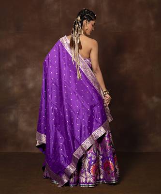 Purple Hand Woven Banarsi Silk Lehenga With Duppatta And Unstitched Blouse 3