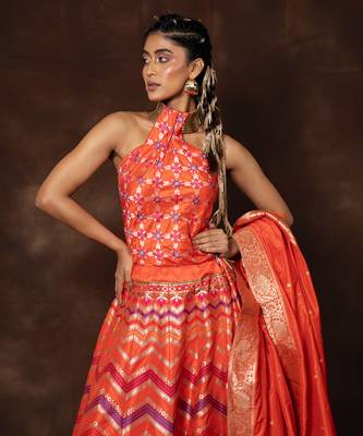 Orange Hand Woven Banarsi Silk Lehenga With Duppatta And Unstitched Blouse 4