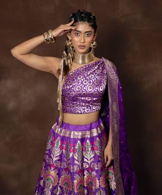 Purple Hand Woven Banarsi Silk Lehenga With Duppatta And Unstitched Blouse 4