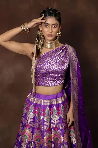 Purple Hand Woven Banarsi Silk Lehenga With Duppatta And Unstitched Blouse