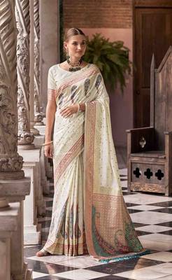 off-white soft silk blend woven saree with unstitched blouse piece 1