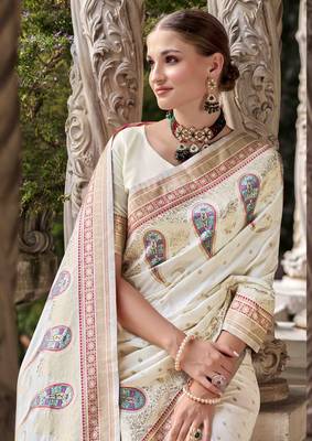 off-white soft silk blend woven saree with unstitched blouse piece 2