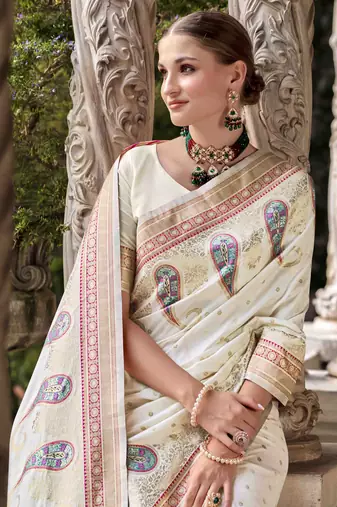 off-white soft silk woven saree with unstitched blouse piece