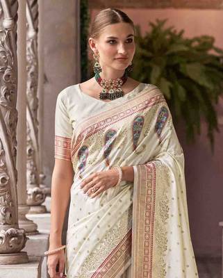 off-white soft silk blend woven saree with unstitched blouse piece 4
