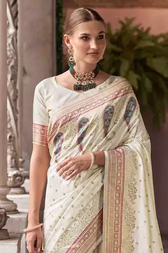 off-white soft silk woven saree with unstitched blouse piece