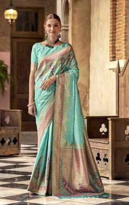 turquoise soft silk blend woven saree with unstitched blouse piece 1