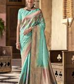 turquoise soft silk woven saree with unstitched blouse piece