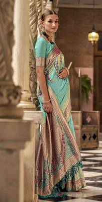 turquoise soft silk blend woven saree with unstitched blouse piece 2