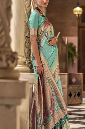 turquoise soft silk woven saree with unstitched blouse piece