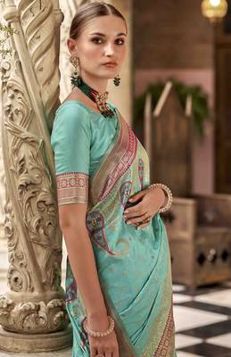 turquoise soft silk blend woven saree with unstitched blouse piece 3