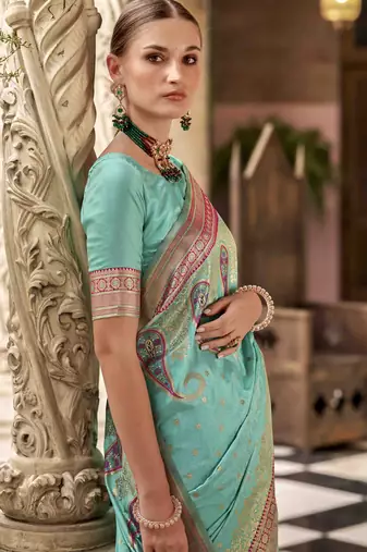 turquoise soft silk woven saree with unstitched blouse piece