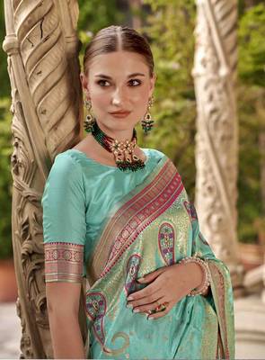 turquoise soft silk blend woven saree with unstitched blouse piece 4