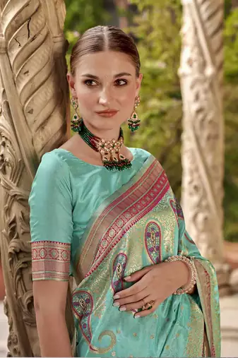 turquoise soft silk woven saree with unstitched blouse piece